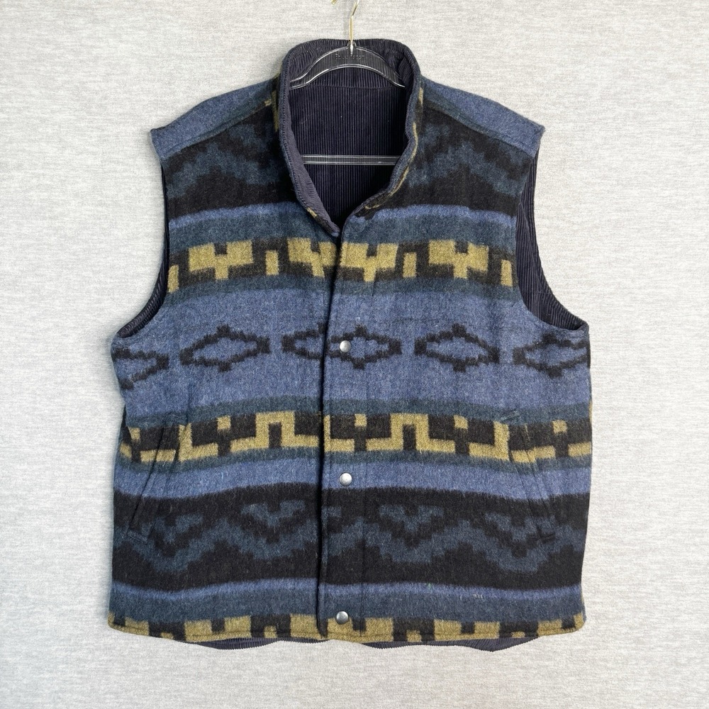 VTG St Johns Bay Aztec Corduroy/Wool Reversible Vest Men LT Large Tall‎ 90s Blue